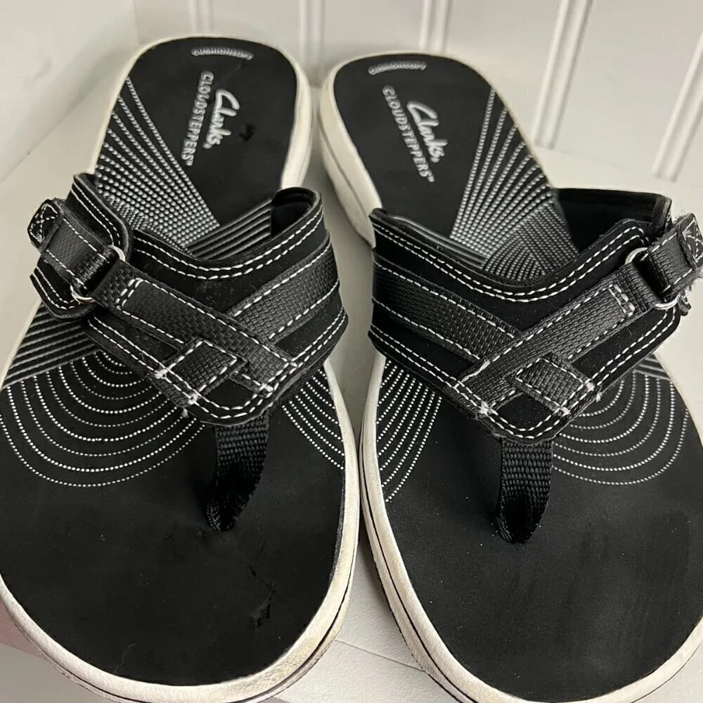 Clarks Womens Breeze Sea Black T-Strap Sandals Size 8 (7655696) FLAW